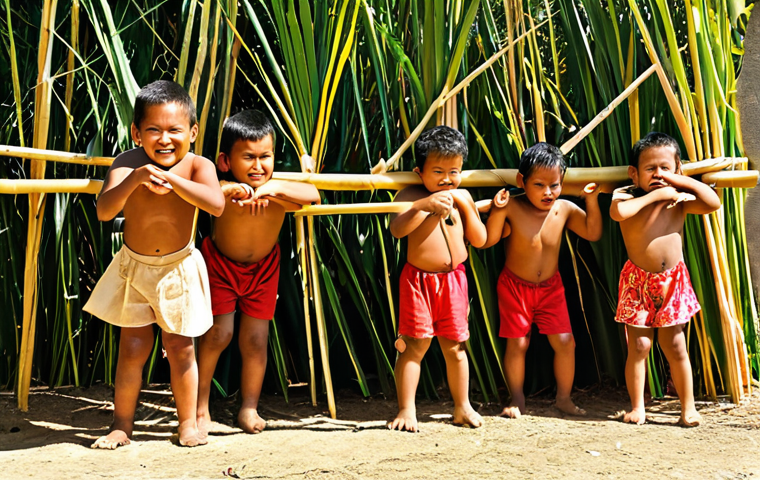 **Image Prompt:** A group of Tongan children playing 'teka' (hide-and-seek) under the bright sun, showcasing the strategy and physical activity involved.