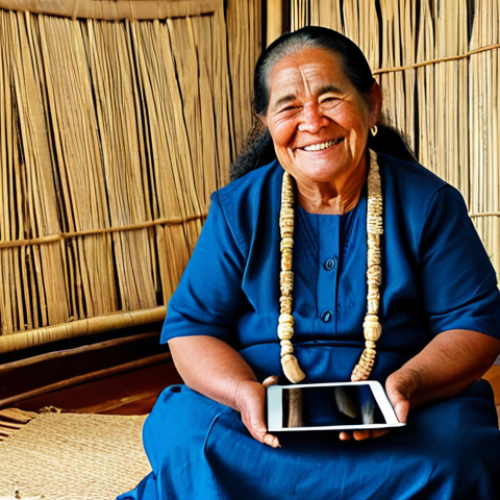 Home 14 An elderly Tongan woman, around 70 years old, with a gentle smile, holding a tablet and engaged in a heartfelt video call with family. She is fully clothed in modest, traditional Tongan attire. The setting is a cozy, naturally lit interior of a simple Tongan home, featuring a woven mat on the floor and a few authentic local elements in the background, emphasizing warmth and connection. Professional photography, high quality, perfect anatomy, correct proportions, natural pose, well-formed hands, proper finger count, natural body proportions. Safe for work, appropriate content, family-friendly.