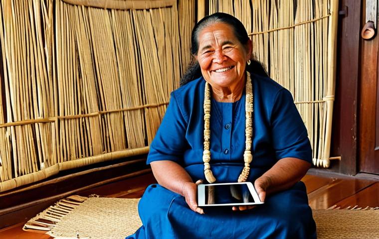 An elderly Tongan woman, around 70 years old, with a gentle smile, holding a tablet and engaged in a heartfelt video call with family. She is fully clothed in modest, traditional Tongan attire. The setting is a cozy, naturally lit interior of a simple Tongan home, featuring a woven mat on the floor and a few authentic local elements in the background, emphasizing warmth and connection. Professional photography, high quality, perfect anatomy, correct proportions, natural pose, well-formed hands, proper finger count, natural body proportions. Safe for work, appropriate content, family-friendly.